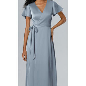 AW BRIDAL 14 1X plus dusty blue Roseanne wrap satin formal party maxi dress b51
